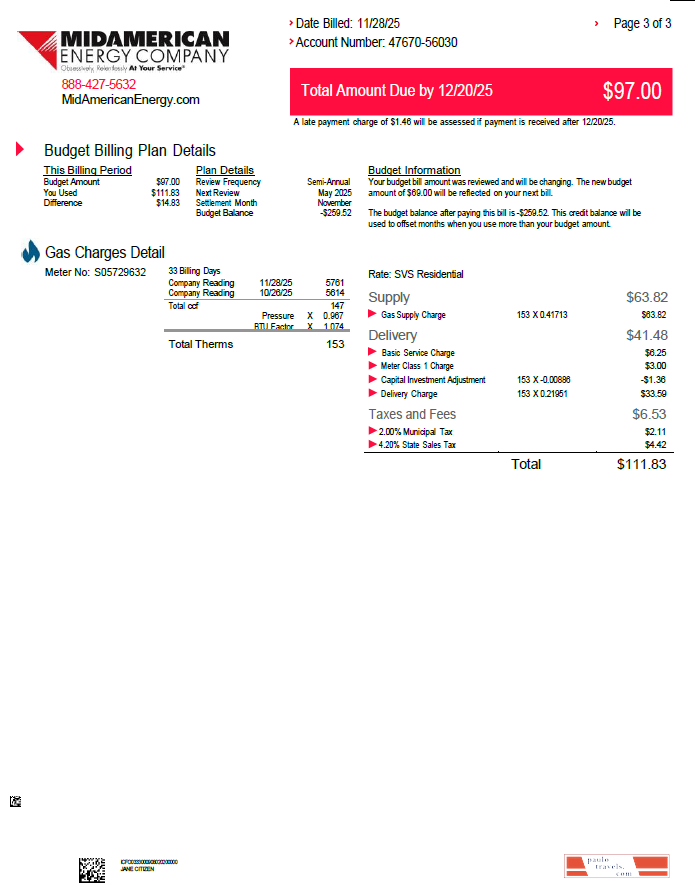 USA MidAmerican Energy Company utility bill template in Word and PDF formats, 3 pages, 3rd page